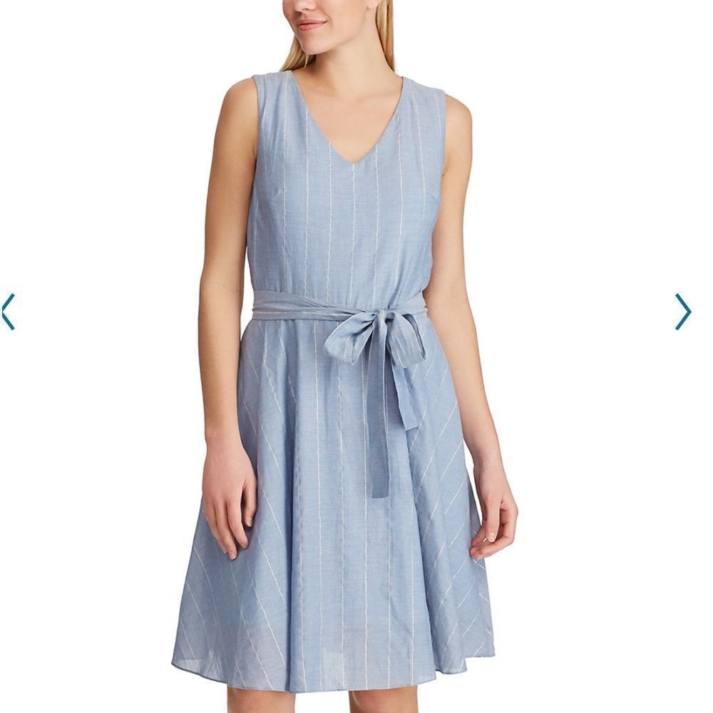 CHAPS Chambray Silver Metallic Striped Sleeveless Dress